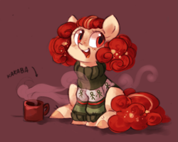 Size: 1181x945 | Tagged: safe, artist:askpopcorn, oc, oc only, oc:popcorn, species:earth pony, species:pony, clothing, female, freckles, mare, mug, simple background, smiling, solo, sweater