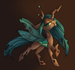 Size: 945x886 | Tagged: safe, artist:askpopcorn, character:queen chrysalis, species:changeling, species:pony, changeling queen, fangs, female, lidded eyes, looking at you, mare, simple background, smiling, solo
