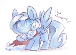 Size: 827x591 | Tagged: safe, artist:askpopcorn, oc, oc only, oc:snowdrop, species:pegasus, species:pony, clothing, cute, cyrillic, female, filly, looking at you, russian, scarf, simple background, smiling, solo, translated in the comments