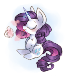 Size: 827x945 | Tagged: safe, artist:askpopcorn, character:rarity, species:pony, species:unicorn, blushing, eyes closed, female, glowing horn, magic, makeup, mare, sitting, solo, telekinesis