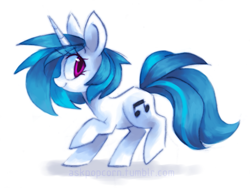 Size: 945x709 | Tagged: safe, artist:askpopcorn, character:dj pon-3, character:vinyl scratch, species:pony, species:unicorn, female, looking at you, looking sideways, mare, simple background, smiling, solo