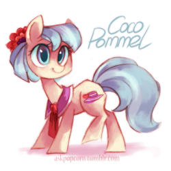 Size: 709x709 | Tagged: safe, artist:askpopcorn, character:coco pommel, species:earth pony, species:pony, collar, cute, female, flower, flower in hair, mare, necktie, simple background, smiling, solo