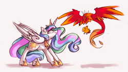 Size: 1063x600 | Tagged: safe, artist:askpopcorn, character:philomena, character:princess celestia, species:alicorn, species:phoenix, species:pony, baby phoenix, crown, female, horseshoes, mare, peytral, regalia, simple background, smiling