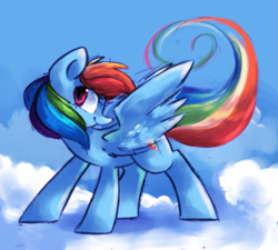 Size: 1181x1063 | Tagged: safe, artist:askpopcorn, character:rainbow dash, species:pegasus, species:pony, cloud, cutie mark, female, hooves, mare, on a cloud, smiling, solo, spread wings, standing on a cloud, wings