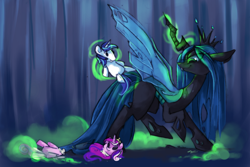 Size: 1772x1181 | Tagged: safe, artist:askpopcorn, character:princess cadance, character:queen chrysalis, character:shining armor, species:alicorn, species:changeling, species:pony, species:unicorn, doll, female, glowing horn, magic, mare, solo, stuffing, telekinesis, torn, toy