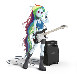 Size: 1200x1150 | Tagged: safe, artist:vyazinrei, character:rainbow dash, my little pony:equestria girls, amplifier, boots, clothing, female, guitar, guitar pick, midriff, shoes, shorts, simple background, solo, transparent background