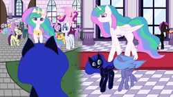 Size: 9000x5060 | Tagged: safe, artist:those kids in the corner, character:applejack, character:fluttershy, character:nightmare moon, character:pinkie pie, character:princess cadance, character:princess celestia, character:princess luna, character:rainbow dash, character:rarity, character:twilight sparkle, oc, oc:amethyst dawn, oc:summer dancer, unnamed oc, species:alicorn, species:bat pony, species:earth pony, species:pegasus, species:pony, episode:friendship is magic, g4, my little pony: friendship is magic, absurd resolution, alternate universe, annoyed, cake, canterlot, canterlot castle, carpet, cobblestone (pathway), column, courtyard, crowd, crown, curious, female, filly, filly luna, food, grass, happy, indifferent, jewelry, male, mane six, mare, multicolored hair, nervous, plate, platter, red carpet, regalia, running, scared, smiling, speedpaint, tiara, tile, torc, walking, window, wings, wip, younger