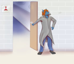 Size: 1280x1105 | Tagged: safe, artist:osseda, oc, oc only, oc:von, species:anthro, species:dracony, bathroom, hybrid, male, overcoat, solo