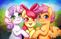 Size: 800x520 | Tagged: safe, artist:stardrawsponies, artist:starsheepsweaters, character:apple bloom, character:scootaloo, character:sweetie belle, species:earth pony, species:pegasus, species:pony, species:unicorn, blushing, bow, colored pupils, crusaderbetes, cute, cutie mark crusaders, female, filly, hair bow, looking at you, open mouth, outdoors, satisfied, smiling, spread wings, trio, wings