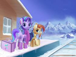 Size: 4795x3590 | Tagged: safe, artist:draconidsmxz, character:starlight glimmer, character:sunburst, species:pony, species:unicorn, boots, clothing, duo, female, looking at you, male, mare, mountain, scarf, shoes, snow, stallion, train station, winter
