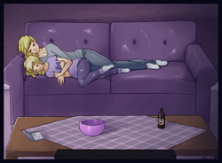 Size: 1450x1068 | Tagged: safe, artist:missangest, character:derpy hooves, character:dinky hooves, species:human, bottle, bowl, clothing, couch, cuddling, drink, equestria's best mother, humanized, missing shoes, sleeping, snuggling, socks, table, tablecloth