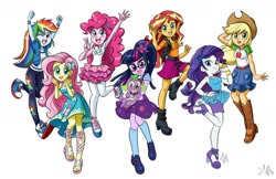 Size: 1200x779 | Tagged: safe, artist:chibi-jen-hen, derpibooru original, character:applejack, character:fluttershy, character:pinkie pie, character:rainbow dash, character:rarity, character:spike, character:spike (dog), character:sunset shimmer, character:twilight sparkle, character:twilight sparkle (scitwi), species:dog, species:eqg human, g4, my little pony: equestria girls, my little pony:equestria girls, boots, clothing, converse, cowboy hat, cute, dashabetes, denim skirt, diapinkes, dress, feet, female, freckles, geode of empathy, geode of fauna, geode of shielding, geode of sugar bombs, geode of super speed, geode of super strength, geode of telekinesis, glasses, hairpin, hat, high heel boots, high heels, humane five, humane seven, humane six, jackabetes, jacket, looking at you, magical geodes, pantyhose, paws, ponytail, raribetes, sandals, shimmerbetes, shoes, shyabetes, skirt, smiling, sneakers, socks, spike's dog collar, stetson, twiabetes