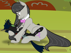 Size: 3000x2230 | Tagged: safe, artist:mlp-scribbles, character:octavia melody, oc, oc:flik, species:changeling, species:pony, canon x oc, duo, food, holding, imminent kissing, looking at each other, male, pocky, pocky game, side view, signature, size difference, smaller male, surprised, vector