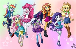 Size: 1200x778 | Tagged: safe, alternate version, artist:chibi-jen-hen, character:applejack, character:fluttershy, character:pinkie pie, character:rainbow dash, character:rarity, character:spike, character:spike (dog), character:sunset shimmer, character:twilight sparkle, character:twilight sparkle (scitwi), species:dog, species:eqg human, g4, my little pony: equestria girls, my little pony:equestria girls, abstract background, boots, clothing, converse, cowboy boots, cowboy hat, cute, dashabetes, denim skirt, diapinkes, dress, feet, female, freckles, geode of empathy, geode of shielding, geode of sugar bombs, geode of super speed, geode of super strength, geode of telekinesis, glasses, hairpin, hat, high heel boots, high heels, humane five, humane seven, humane six, jackabetes, jacket, magical geodes, male, one eye closed, pants, pantyhose, paws, ponytail, puppy, raribetes, sandals, shimmerbetes, shoes, shyabetes, signature, skirt, smiling, sneakers, socks, spike's dog collar, stetson, twiabetes, wall of tags, wink
