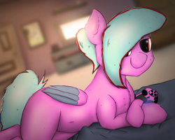 Size: 5000x4000 | Tagged: safe, artist:rainyvisualz, oc, oc only, oc:star beats, species:pegasus, species:pony, absurd resolution, bed, complex background, controller, draw me like one of your french girls, looking at you, lying down, picture frame, playstation 4, shading, solo, television, wings