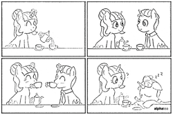 Size: 6000x4000 | Tagged: safe, artist:cakonde, oc, oc only, oc:alpha tea, oc:camellia yasmina, species:pony, species:unicorn, alphellia, blushing, confused, cup, female, food, looking at each other, loss (meme), male, mare, monochrome, nap, necktie, saucer, simple background, sipping, sipping tea, sleeping, smiling, stallion, tea, teacup, teapot, zzz