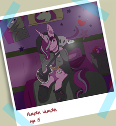 Size: 2397x2591 | Tagged: safe, artist:cckittycreative, character:starlight glimmer, species:pony, species:unicorn, beanie, bed, clothing, edgelight glimmer, electric guitar, emo, eyeshadow, female, goth, guitar, hair over one eye, hat, makeup, nickname, photo, photo album, poster, punk, solo, starlight's room, teenage glimmer, teenager
