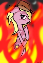 Size: 1024x1489 | Tagged: safe, artist:aeropegasus, species:pony, blurred background, clothing, cowboy hat, digital art, female, fire, hat, serious, serious face