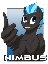 Size: 2007x2650 | Tagged: safe, artist:wcnimbus, oc, oc only, oc:nimbus, species:pegasus, species:pony, badge, con badge, gradient background, male, simple background, solo, stallion, thumbs up, transparent background, wing hands