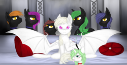 Size: 2904x1500 | Tagged: safe, artist:silviawing, oc, oc only, oc:albi light wing, oc:edward, oc:kika, oc:norbert, oc:oswald, oc:steven, oc:tobias, species:bat pony, species:changeling, species:pony, albino, albino changeling, amber eyes, black and blue, black and green, blue hair, collar, couch, female, green changeling, green hair, group, horn, leash, male, mare, nightpony, orange hair, pillow, piper perri surrounded, purple eyes, purple hair, red hair, stallion, white hair