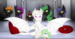 Size: 2904x1500 | Tagged: safe, artist:silviawing, oc, oc only, oc:albi light wing, oc:edward, oc:kika, oc:norbert, oc:oswald, oc:steven, oc:tobias, species:bat pony, species:changeling, species:pony, albino, albino changeling, amber eyes, black and blue, black and green, blue hair, collar, couch, female, green changeling, green hair, group, horn, male, mare, nightpony, orange hair, pillow, piper perri surrounded, purple eyes, purple hair, red hair, stallion, white hair