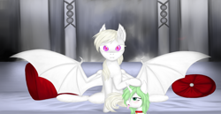 Size: 2904x1500 | Tagged: safe, artist:silviawing, artist:silviawing albino, oc, oc only, oc:albi light wing, oc:kika, species:bat pony, species:changeling, species:pony, albino, albino changeling, amber eyes, collar, couch, female, green changeling, green hair, horn, mare, nightpony, pillow, purple eyes, white hair, white skin