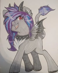 Size: 1080x1350 | Tagged: safe, artist:annuthecatgirl, oc, oc only, oc:melody silver, species:dracony, collar, commission, ear piercing, horns, lip piercing, looking at you, piercing, solo, tongue piercing, traditional art