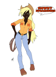 Size: 1200x1634 | Tagged: safe, artist:icey-wicey-1517, artist:mono-phos, edit, character:applejack, species:human, applejack's hat, belt, belt buckle, boots, clothing, color edit, colored, cowboy hat, dark skin, dialogue, female, freckles, hat, humanized, jeans, lasso, pants, rope, shoes, signature, simple background, solo, speech bubble, transparent background