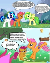 Size: 280x358 | Tagged: safe, artist:leandrovalhalla, character:dj pon-3, character:scootaloo, character:vinyl scratch, oc, oc:dance illusions, oc:wooden toaster, species:pegasus, species:pony, species:unicorn, comic, female, kicking, mare, pony creator, translation request