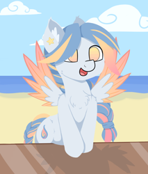 Size: 966x1134 | Tagged: safe, artist:rhythmpixel, oc, oc only, oc:seashore swirl, species:pegasus, species:pony, beach, braid, braided ponytail, braided tail, chest fluff, cloud, colored wings, cutie mark, ear fluff, female, happy, hooves, lineless, mare, open mouth, solo, spread wings, wings