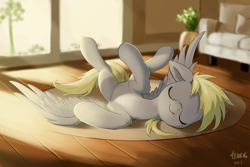 Size: 5314x3543 | Tagged: safe, artist:draconidsmxz, character:derpy hooves, species:pegasus, species:pony, behaving like a cat, behaving like a dog, chest fluff, couch, cute, dawwww, derpabetes, eyes closed, featured on derpibooru, female, floppy ears, hnnng, mare, on back, signature, sleeping, smiling, solo, spread legs, spread wings, spreading, sunbathing, sweet dreams fuel, weapons-grade cute, wings