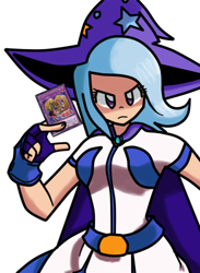 Size: 366x500 | Tagged: safe, artist:kurus22, artist:telseed, edit, character:trixie, species:human, card, card game, female, humanized, simple background, solo, white background, yu-gi-oh!