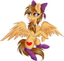 Size: 2105x1997 | Tagged: safe, artist:woonborg, oc, oc only, oc:joycie, species:pegasus, species:pony, blep, bow, cheek fluff, chest fluff, clothing, commission, digital art, ear fluff, female, hair bow, happy, high res, looking left, looking offscreen, mare, silly, simple background, socks, solo, spread wings, striped socks, thigh highs, tongue out, transparent background, wings
