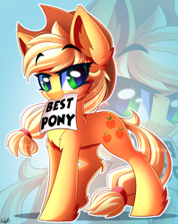 Size: 2304x2900 | Tagged: safe, artist:kaleido-art, character:applejack, species:earth pony, species:pony, best pony, biased, clothing, cowboy hat, cute, female, freckles, hat, jackabetes, sign, solo, stetson, zoom layer