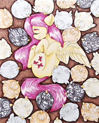 Size: 1024x1272 | Tagged: safe, artist:rysunkowasucharia, character:fluttershy, species:bird, species:chicken, species:pegasus, species:pony, curled up, eyes closed, female, hen, hooves to the chest, mare, on side, one wing out, overhead view, sleeping, smiling, solo, top down, traditional art