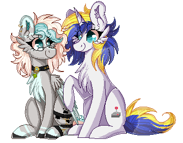 Size: 360x280 | Tagged: safe, artist:woonborg, oc, oc only, oc:double play, oc:wulfie shy, species:pegasus, species:pony, species:unicorn, animated, blep, boop, chest fluff, commission, digital art, duo, ear fluff, female, glasses, happy, jewelry, looking at each other, mare, necklace, pixel art, silly, simple background, sitting, smiling, tongue out, transparent background