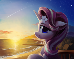 Size: 5000x4000 | Tagged: safe, artist:draconidsmxz, character:starlight glimmer, species:pony, species:unicorn, absurd resolution, balcony, beach, beautiful, bust, chest fluff, cute, ear fluff, featured on derpibooru, female, floppy ears, flower, flower in hair, glimmerbetes, hibiscus, horn, looking at you, mare, pier, portrait, profile, shooting star, smiling, solo, stars, sunset, sweet dreams fuel