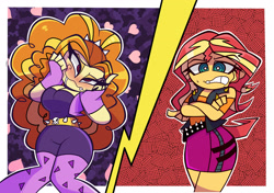 Size: 4128x2900 | Tagged: safe, artist:nelljoestar, character:adagio dazzle, character:sunset shimmer, ship:sunsagio, equestria girls:rainbow rocks, g4, my little pony: equestria girls, my little pony:equestria girls, blushing, breasts, busty adagio dazzle, cleavage, clothing, do not want, female, heart, jacket, leather, leather jacket, leggings, lesbian, one sided shipping, shipping, skirt, wide hips