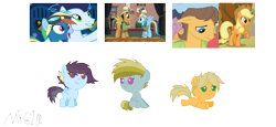 Size: 928x426 | Tagged: safe, artist:mixelfangirl100, character:applejack, character:caramel, character:quibble pants, character:rainbow dash, character:soarin', parent:applejack, parent:caramel, parent:quibble pants, parent:rainbow dash, parent:soarin', parents:carajack, parents:quibbledash, parents:soarindash, species:pony, ship:carajack, ship:quibbledash, ship:soarindash, baby, baby pony, female, foal, male, offspring, shipping, simple background, straight, transparent background
