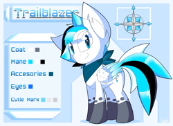 Size: 3570x2600 | Tagged: safe, artist:kaleido-art, oc, oc only, oc:trailblazer, species:pegasus, species:pony, bandana, blue eyes, caption, clothing, cute, cutie mark, ear fluff, english, looking at you, male, reference sheet, side view, sidemouth, simple background, smiling, socks (coat marking), solo, stallion, standing, wings