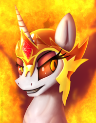 Size: 1574x2000 | Tagged: safe, artist:quefortia, character:daybreaker, character:princess celestia, species:alicorn, species:pony, episode:a royal problem, g4, my little pony: friendship is magic, armor, bust, female, fire, mane of fire, portrait, solo