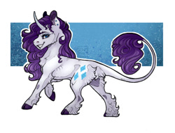 Size: 1023x783 | Tagged: safe, artist:biakela, character:rarity, species:classical unicorn, species:pony, species:unicorn, abstract background, cloven hooves, colored ears, colored hooves, curved horn, cutie mark, ear piercing, earring, female, fluffy, jewelry, leonine tail, lip piercing, looking at you, mare, piercing, sidemouth, smiling, solo, unshorn fetlocks