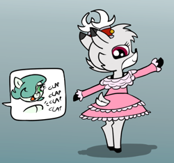 Size: 640x600 | Tagged: safe, artist:ficficponyfic, artist:methidman, edit, oc, oc only, oc:emerald jewel, oc:maple (colt quest), species:deer, species:pony, albino, antlers, clapping, clothing, color edit, colored, colt, colt quest, dress, frilly dress, gradient background, jewelry, male, pink dress, pose, trap