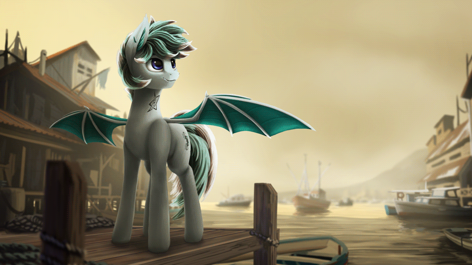 Size: 960x540 | Tagged: safe, artist:syntaxartz, oc, oc only, oc:radbat, species:bat pony, absurd file size, animated, bat pony oc, boat, cinemagraph, harbor, ship, solo, spread wings, standing, wings