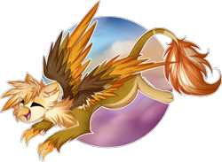 Size: 2320x1697 | Tagged: safe, artist:woonborg, oc, oc only, oc:ember burd, species:griffon, colored wings, cute, eared griffon, flying, griffon oc, multicolored wings, one eye closed, simple background, solo, spread wings, transparent background, wings, wink