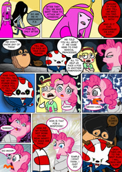 Size: 800x1130 | Tagged: safe, artist:imbriaart, character:pinkie pie, species:earth pony, species:pony, comic:magic princess war, adventure time, bondage, cinnamon bun, comic, crossover, food, marceline, peppermint butler, princess bubblegum, star butterfly, star vs the forces of evil, straitjacket, suggestive series