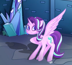 Size: 5000x4512 | Tagged: safe, artist:those kids in the corner, character:starlight glimmer, species:alicorn, species:pony, episode:school raze, g4, my little pony: friendship is magic, absurd resolution, alicornified, alternate ending, alternate universe, brick wall, confused, crouching, crystal, female, glow, mare, race swap, solo, starlicorn, xk-class end-of-the-world scenario