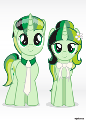 Size: 3513x4940 | Tagged: safe, artist:cakonde, oc, oc:alpha tea, oc:camellia yasmina, species:pony, species:unicorn, alphellia, bangs, collar, cute, female, jasmine, looking at you, male, mare, necktie, simple background, smiling, stallion, standing, standing on one leg, standing up