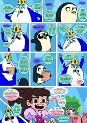 Size: 800x1133 | Tagged: safe, artist:imbriaart, character:spike, species:bird, species:dragon, species:penguin, comic:magic princess war, adventure time, comic, crossdressing, crossover, disguise, gunter (adventure time), ice king, marco diaz, star vs the forces of evil, suggestive series
