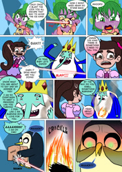 Size: 800x1133 | Tagged: safe, artist:imbriaart, character:spike, species:bird, species:dog, species:dragon, species:penguin, comic:magic princess war, adventure time, comic, crossdressing, crossover, disguise, fire, gunter (adventure time), ice king, marco diaz, star vs the forces of evil, suggestive series